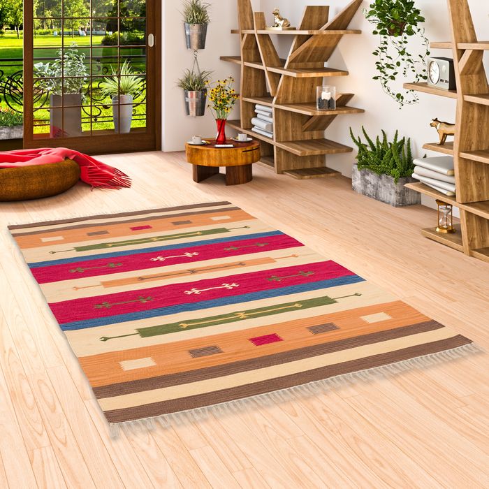 Baumwolle Natur Kelim Teppich Lina Bunt Modern