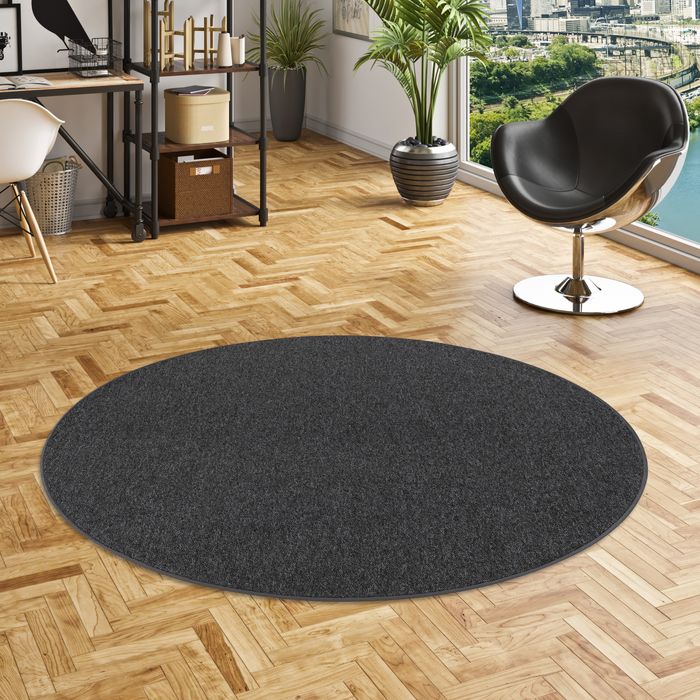 Feinschlingen Velour Teppich Strong Schwarz Grau Rund