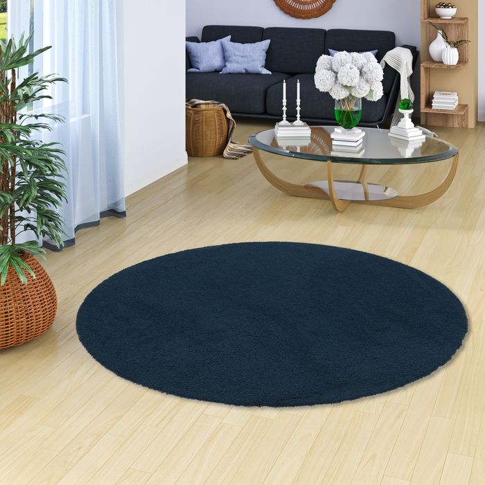 Luxus Hochflor Shaggy Teppich Velvet Dunkelblau Rund