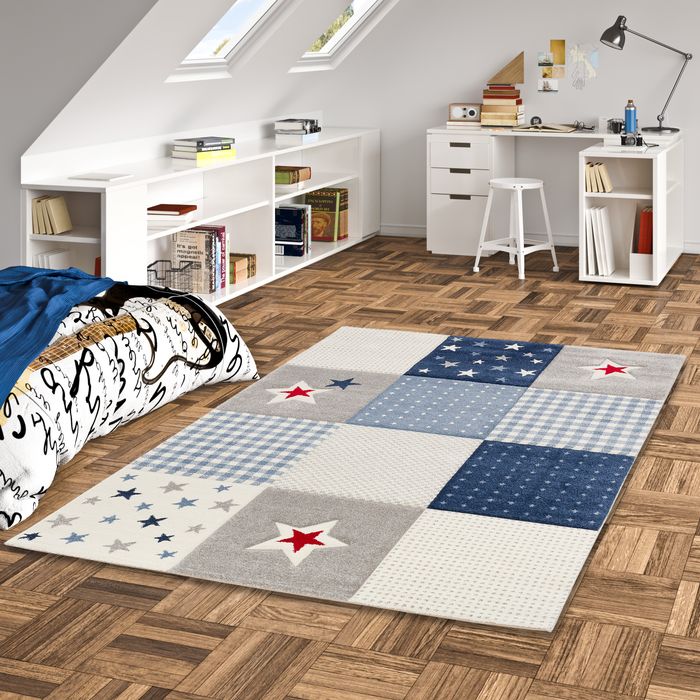 Kinder Teppich Maui Kids Karo Blau Sterne