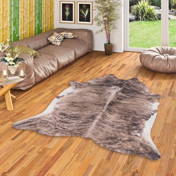 Kunstfaser Teppich Rinderfell Braun Beige