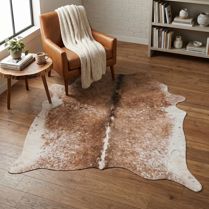 Kunstfaser Teppich Rinderfell Braun Creme
