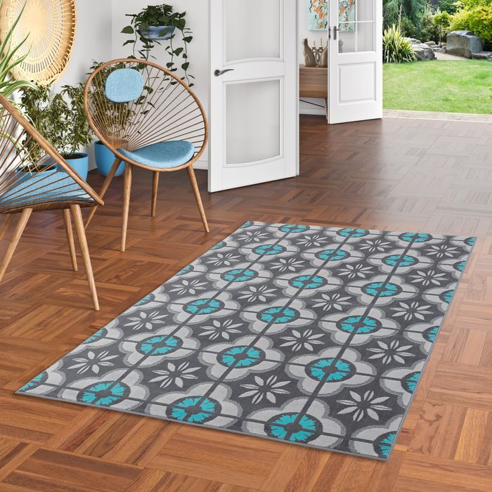 Designer Teppich Samba Modern Türkis Grau Fliesenoptik