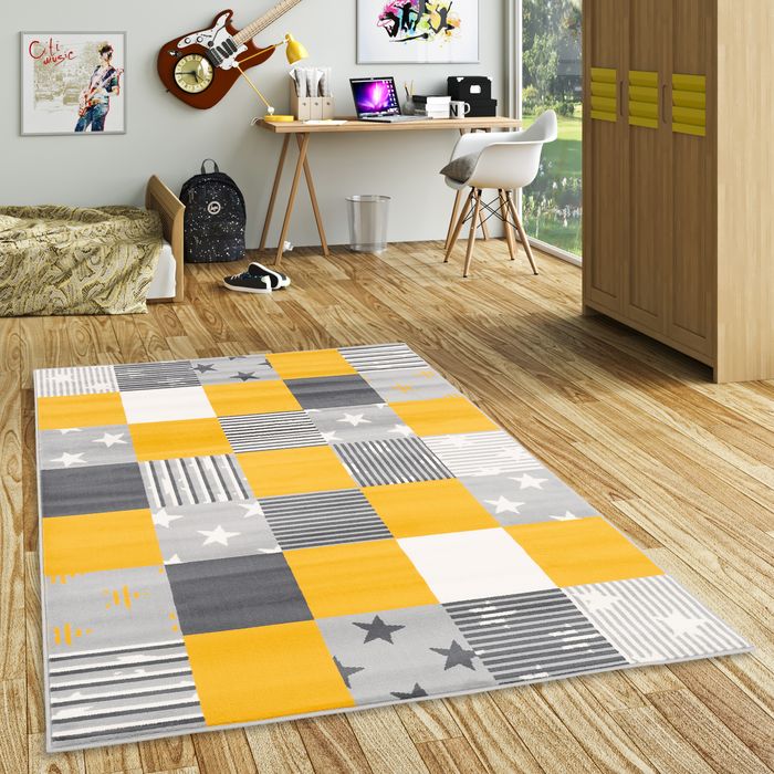 Samba - Tapis pour enfants et jeunes - Étoiles à carreaux jaune gris
