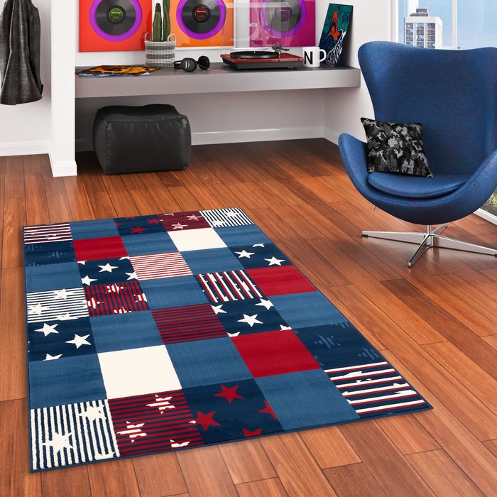 Samba - Tapis pour enfants et jeunes - Étoiles à carreaux bleu rouge
