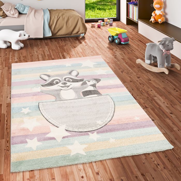 Kinder Teppich Maui Kids Pastell Bunt Waschbär