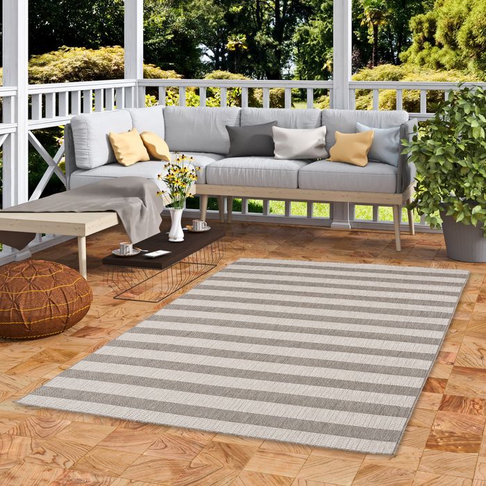 In & Outdoor Teppich Flachgewebe Natur Valencia Grau Streifen