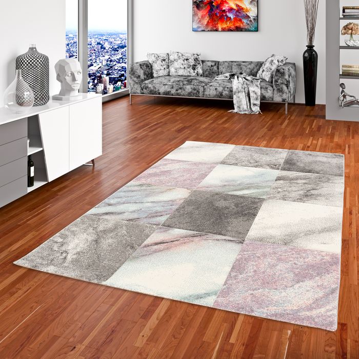 Designer Teppich Maui Pastell Marmor Optik Grau Rosa
