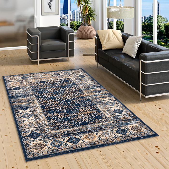 Designer Teppich Pop-Vintage Orient Blau Beige Bordüre