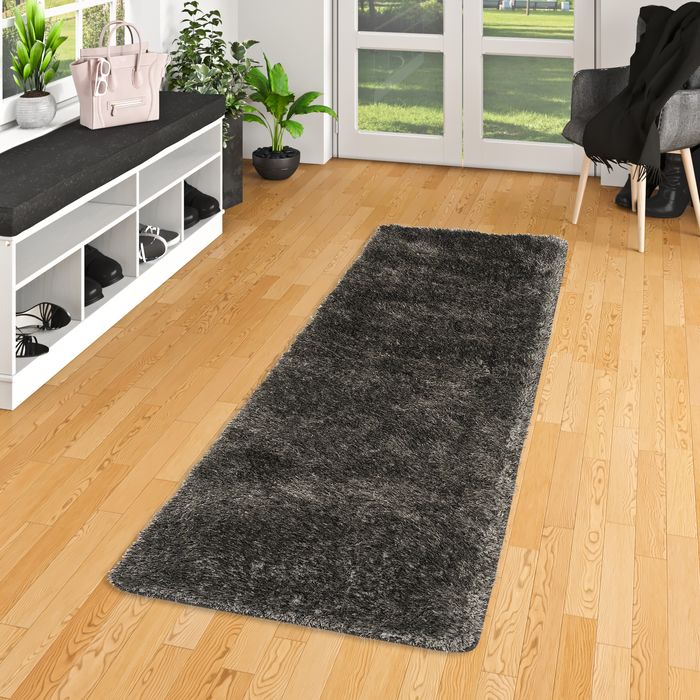 Hochflor Shaggy Teppich Läufer Luxus Feeling Mix Anthrazit
