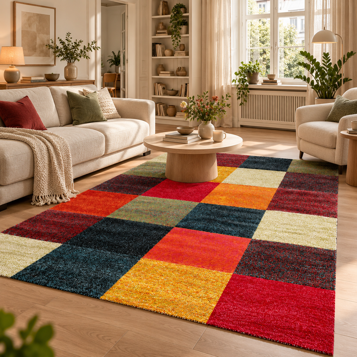 Designer Teppich Maui Modern Rot Bunt Karo
