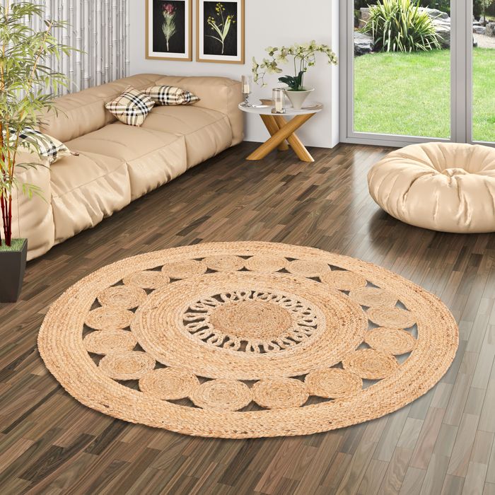 Pia - Tapis tressé en fibre naturelle de jute - Fait à la main - Rond