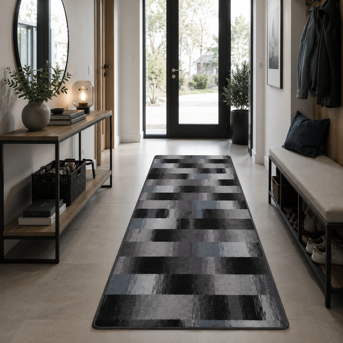 Designer Velours Läufer Teppich Mystic Karo Blau Grau