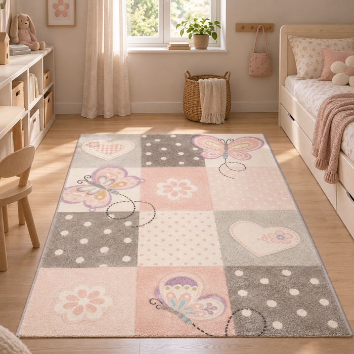 Kinder Teppich Maui Kids Herzen Karo Rosa