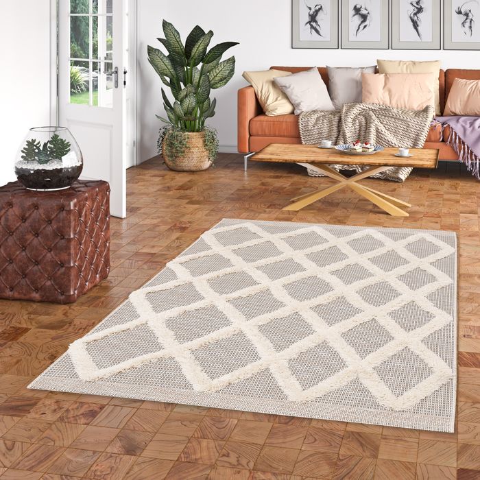 In & Outdoor Teppich Shaggy Flachgewebe Juist Beige Creme Rauten