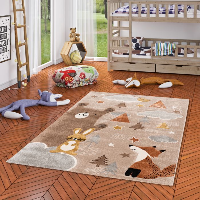 Kinder Teppich Maui Kids Fuchs und Bär Beige Braun