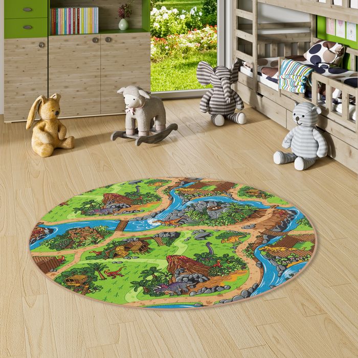 Kinder Spiel Straßen Teppich Dino Welt Grün Rund