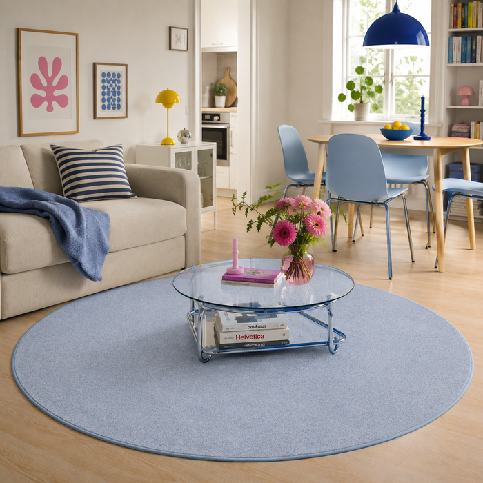 Hochflor Velours Teppich Luna Blau Rund