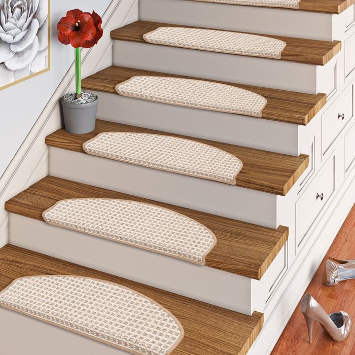 Oslo - Tapis d'escalier plat tissé d'intérieur/extérieur - Carreaux Beige Crème