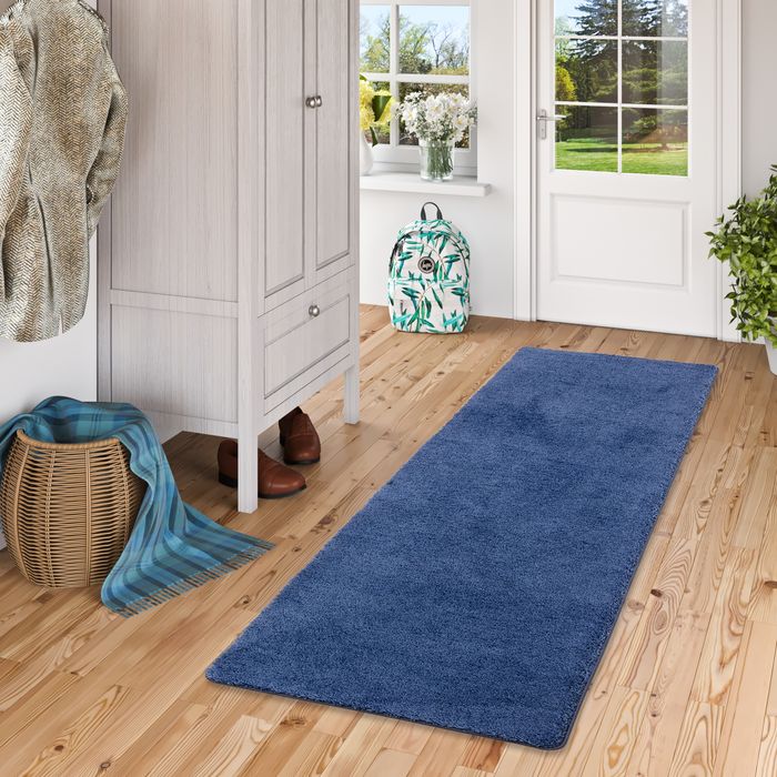 Hochflor Shaggy Läufer Teppich Palace Dunkelblau