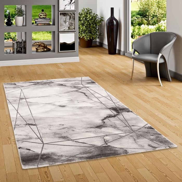 Luxus Designer Teppich Carrara Marmor Optik Anthrazit Silber