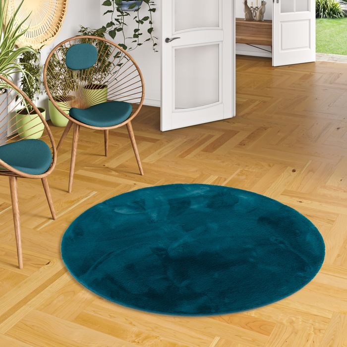 Plush - Tapis de luxe en fourrure synthétique super doux - Pétrole - Rond
