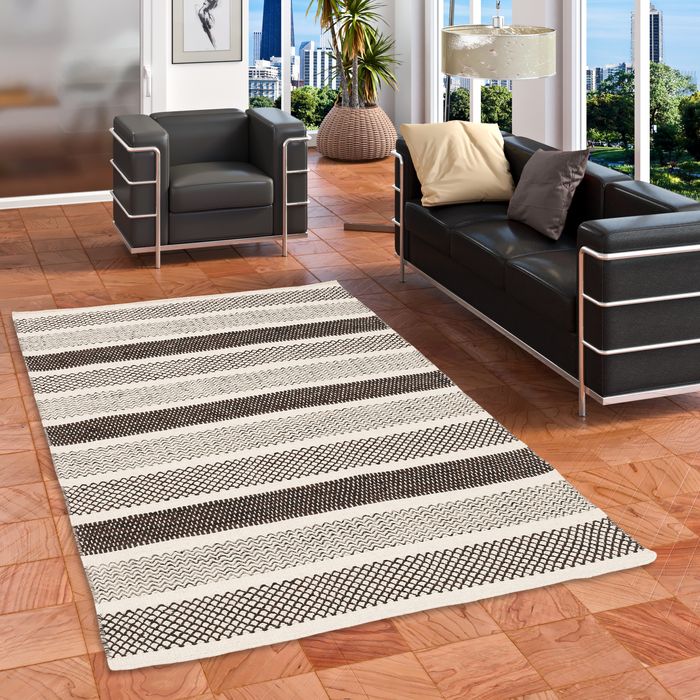 Rana - Tapis en laine naturelle - Rayures marron