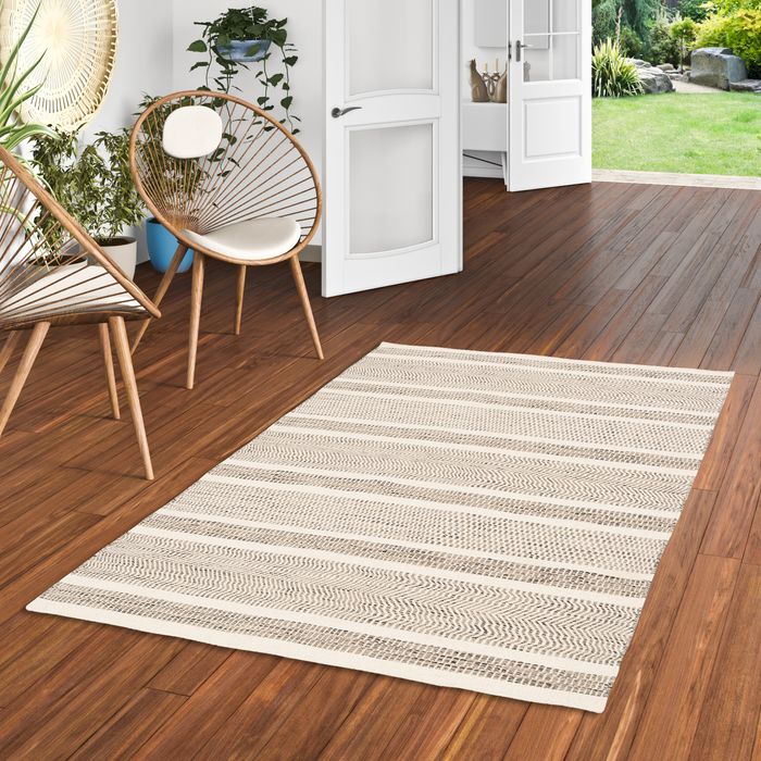 Natur Teppich Wolle Rana Wollweiss Grau Streifen