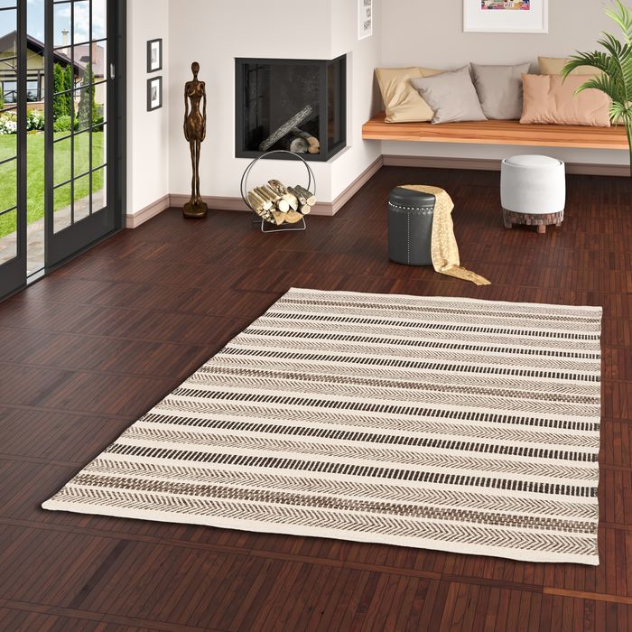 Rana - Tapis en laine naturelle - Rayures beige marron