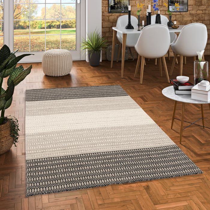 Natur Teppich Wolle Skandi Grau Creme Stripes