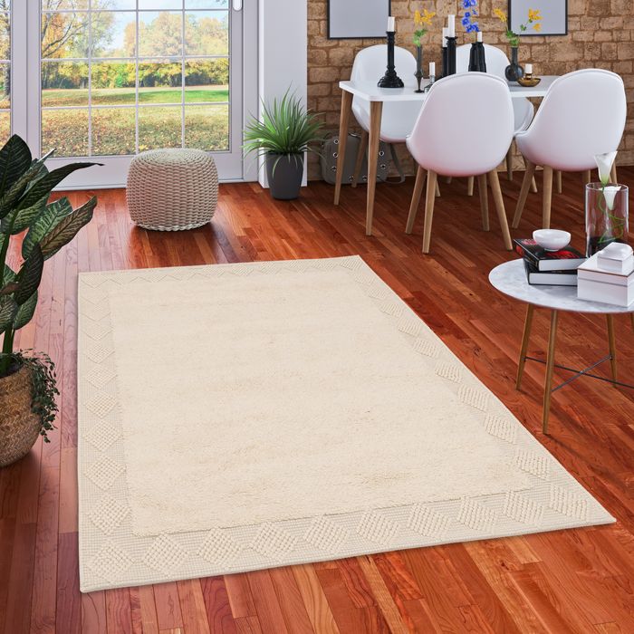 Natur Teppich Shaggy Wolle Linea Wollweiss Bordüre