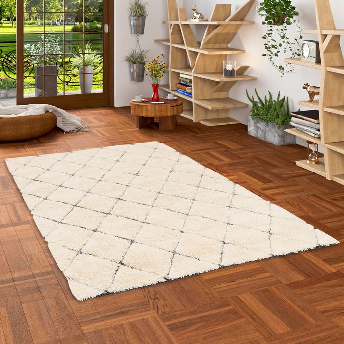 Natur Teppich Shaggy Wolle Linea Wollweiss Rauten
