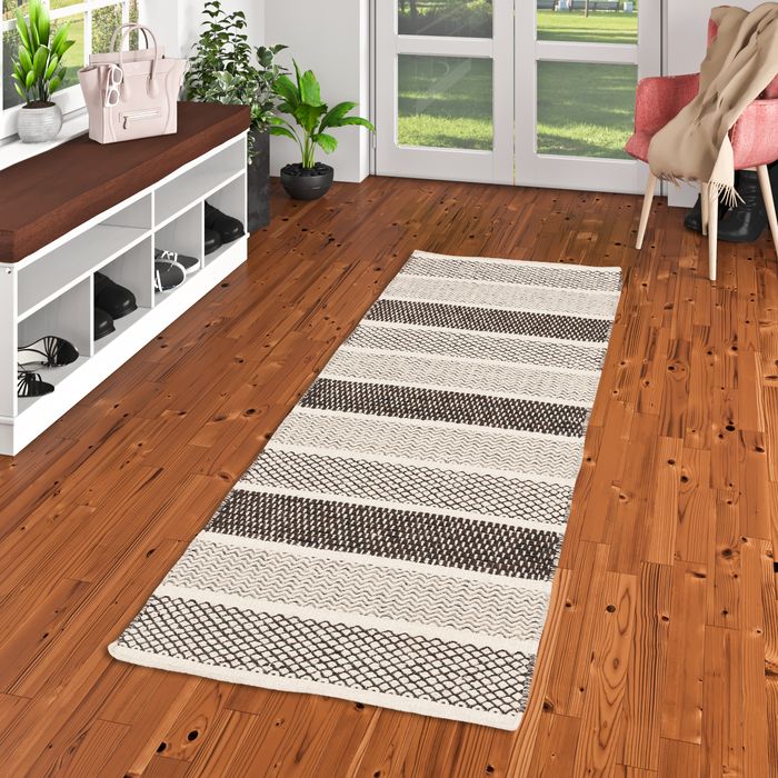 Rana - Tapis long couloir - Tapis en laine naturelle - Rayures marron