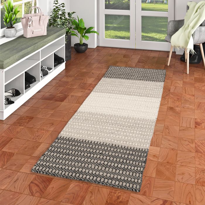 Skandi - Tapis long couloir - Tapis en laine naturelle - Rayures crème gris