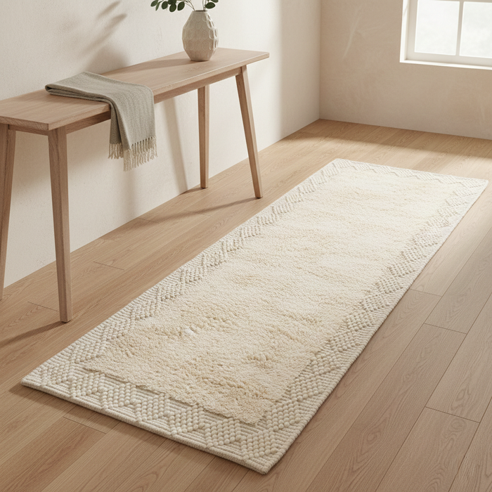 Natur Teppich Läufer Shaggy Wolle Linea Wollweiss Bordüre