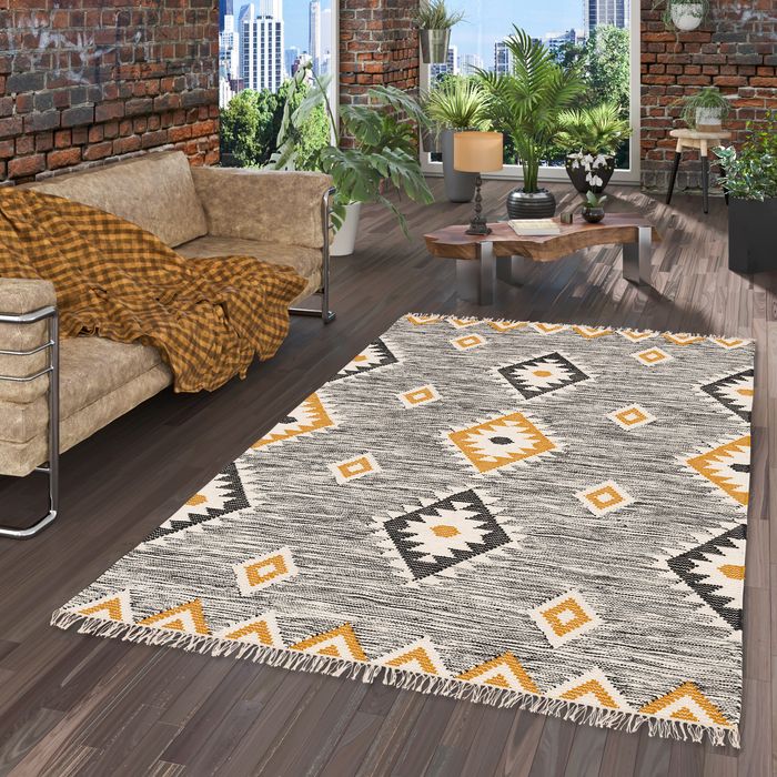 Nature Tapis Kilim Laine Eva Gris Curry losanges