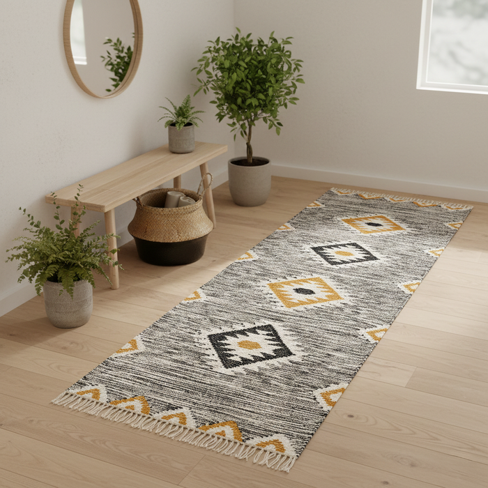Nature Tapis Kilim Coureur Laine Eva Gris Curry losanges