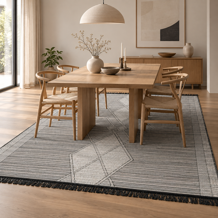 Designer Teppich Beidseitig Ethno Kelim Schwarz Weiss Meliert