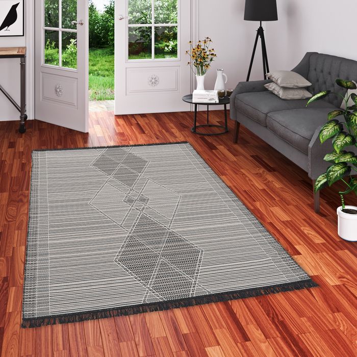 Tapis de designer Ethno Kelim réversible Noir Blanc Chiné