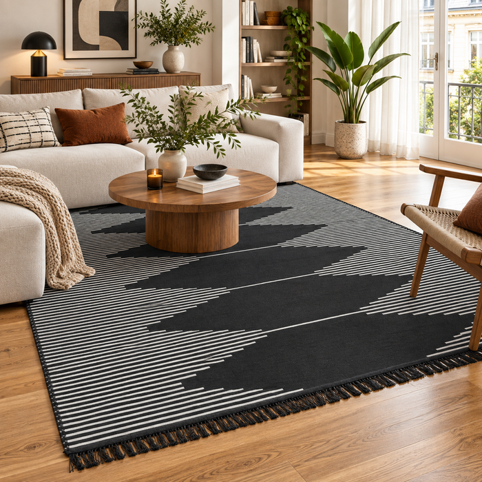 Designer Teppich Beidseitig Ethno Kelim Schwarz Grau Trend
