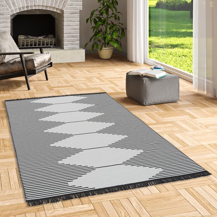 Tapis de designer Ethno Kelim réversible Noir Gris Losanges