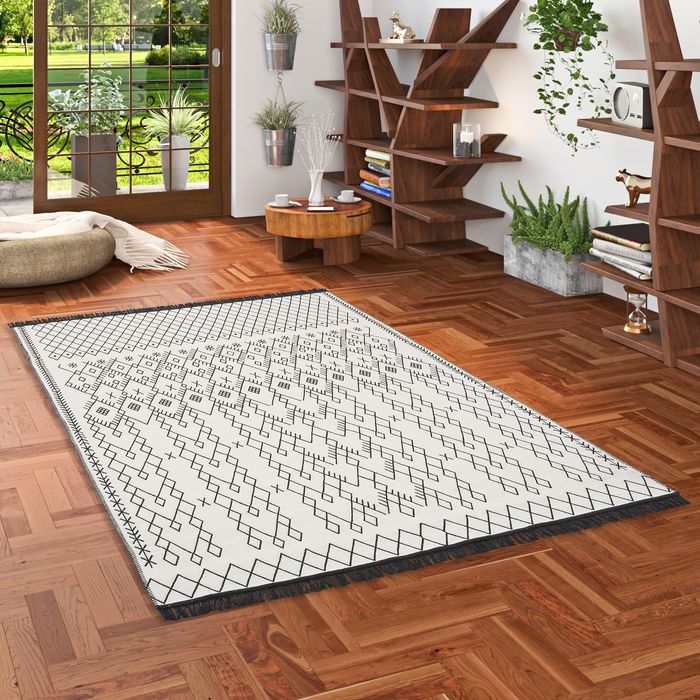 Tapis de designer Ethno Kelim réversible Noir Blanc Losanges