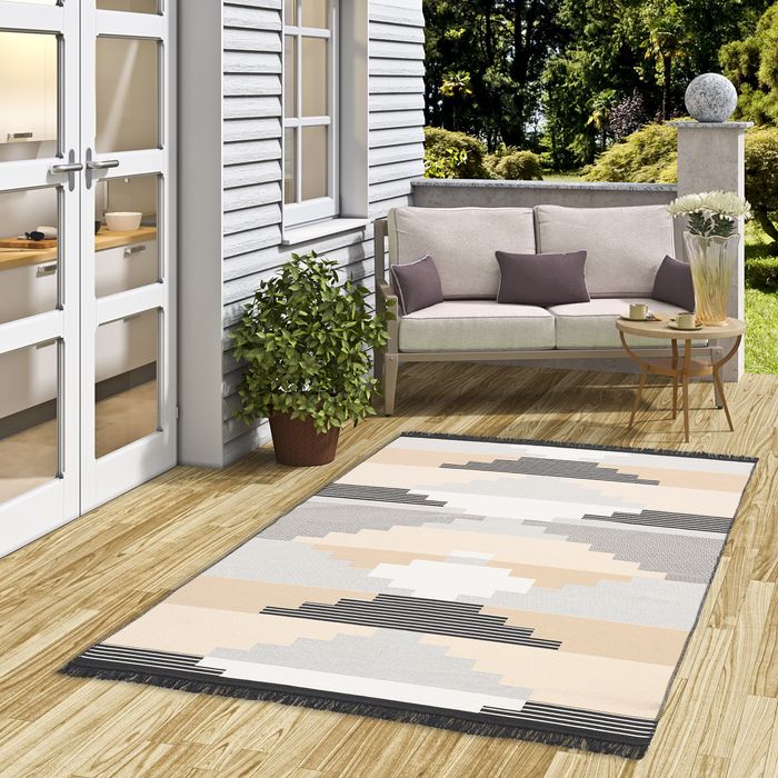 Tapis de designer Ethno Kelim réversible Gris Beige Style