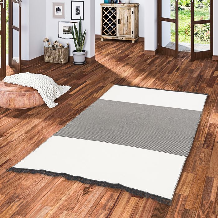 Tapis de designer Ethno Kelim réversible Gris Noir Lignes
