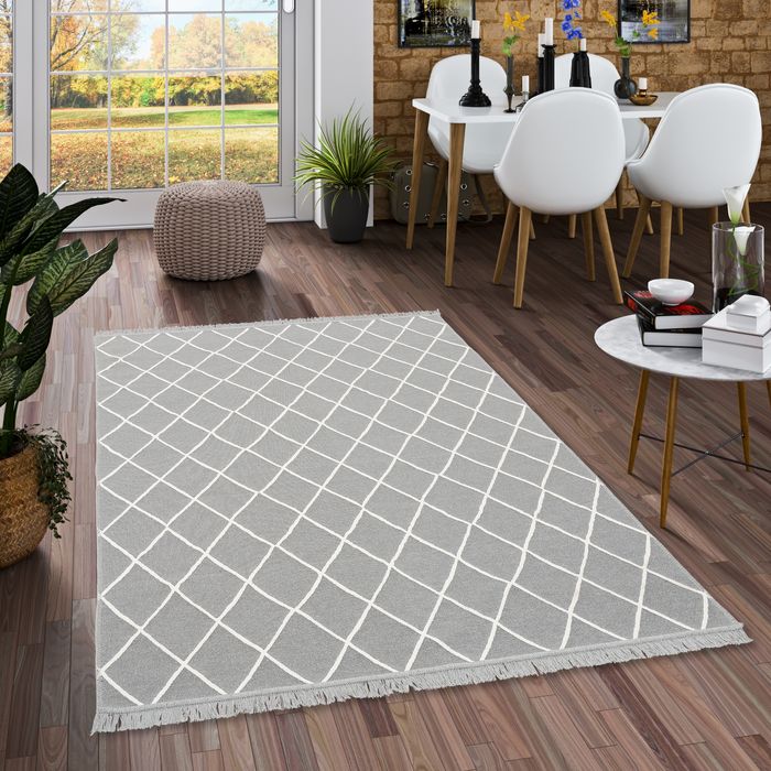 Tapis de designer Ethno Kelim réversible Gris Blanc Losanges