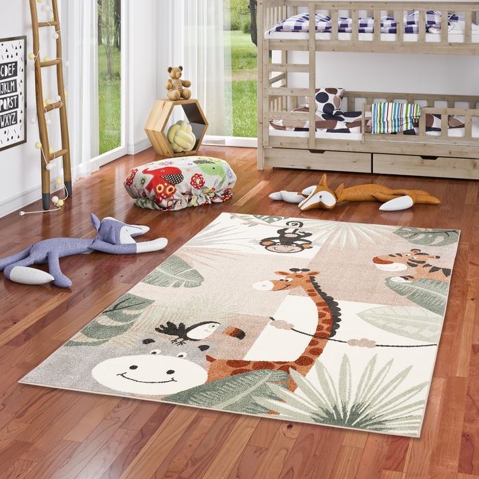 Kinder Teppich Softstar Kids Tierwelt Mintgrün Beige