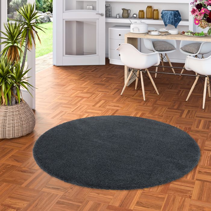 Luxus Hochflor Langflor Teppich Harmony Anthrazit Rund