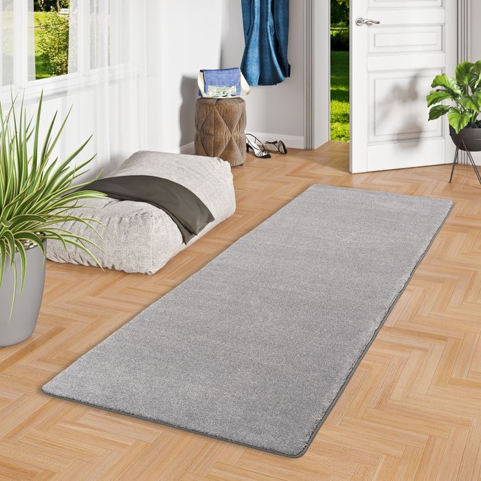 Hochflor Luxus Velours Läufer Teppich Touch Grau