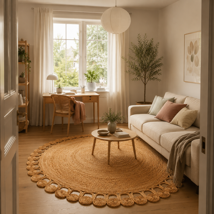 Tapis en Fibre Naturelle Fait Main Jute Salsa Nature Boho Beige Rond