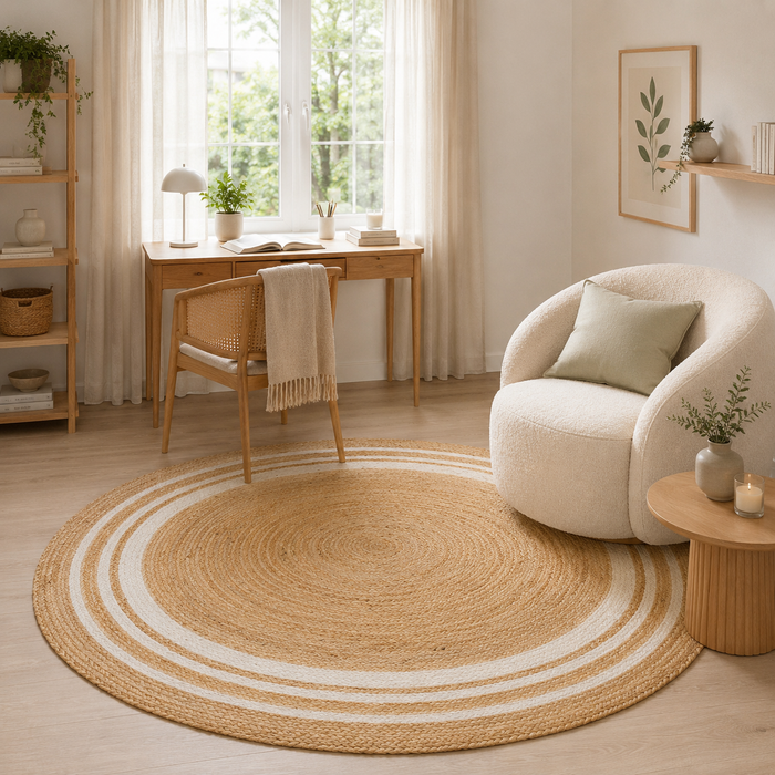 Naturfaser Teppich Handgefertigt Jute Salsa Creme Beige Streifen Rund